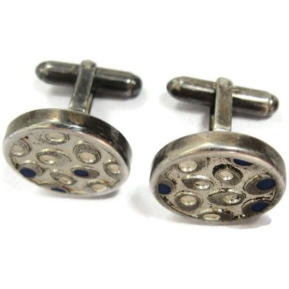 Vintage Silver Plated SJ Modernist Cufflinks Round Wedding Tux Vintage - Picture 3 of 12